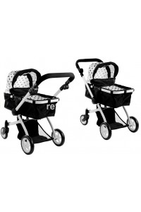 Carucior Alice pentru papusi, 2 in 1, alb cu buline negre