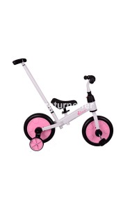 Bicicleta Dino 4 in 1 cu pedale detasabile si maner parental, alb/roz