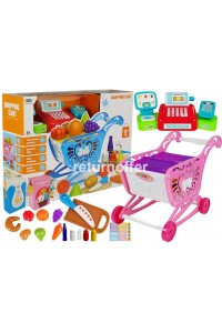 Carucior de cumparaturi cu casa de marcat, 40 piese, roz