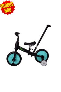 Bicicleta Dino 4 in 1 cu pedale detasabile si maner parental, negru/turcoaz